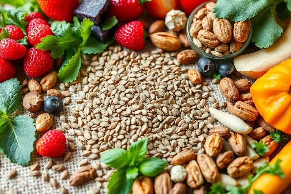 Foto vibrante de sementes de linhaça e alimentos saudáveis ao redor.