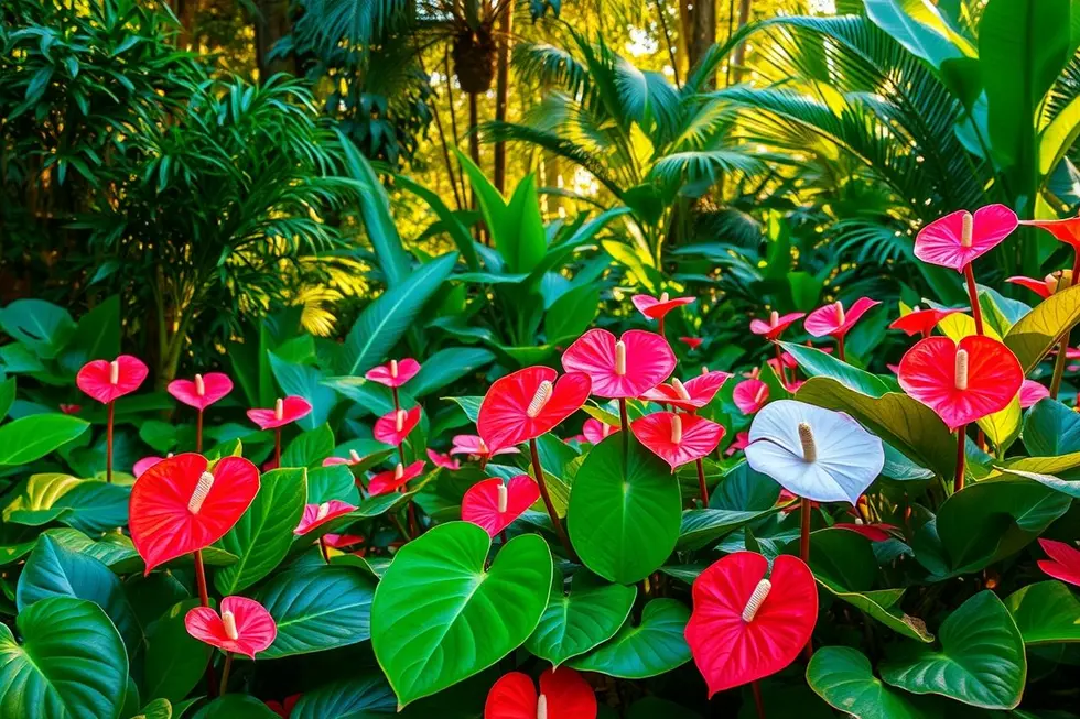 Jardim vibrante com várias plantas de antúrio