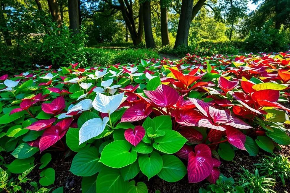 Jardim exuberante com várias plantas de caladium