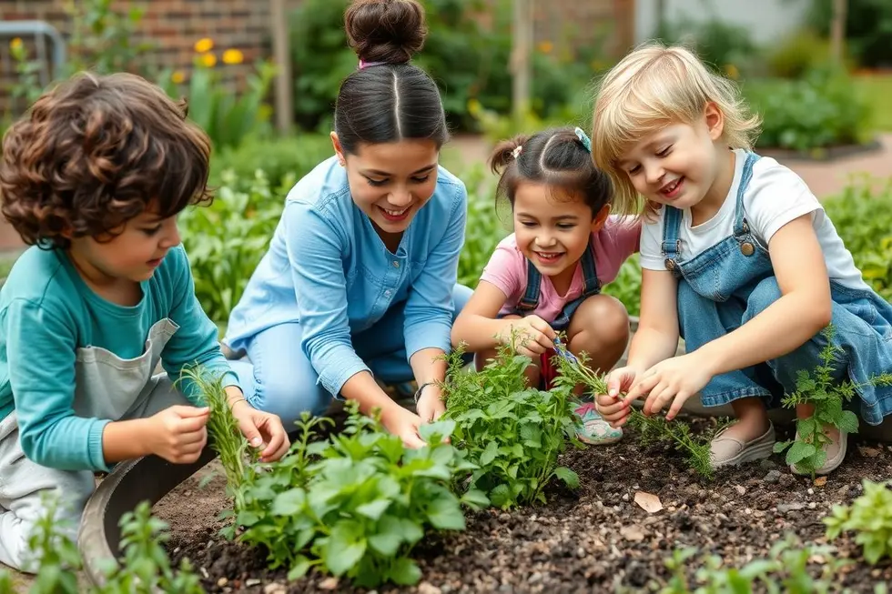 Mãe e filhos plantando ervas em um jardim