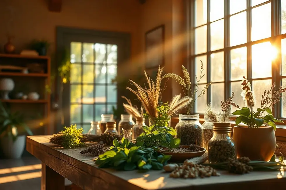 Cenário matutino iluminado pelo sol com um tablete repleto de preparações de ervas.