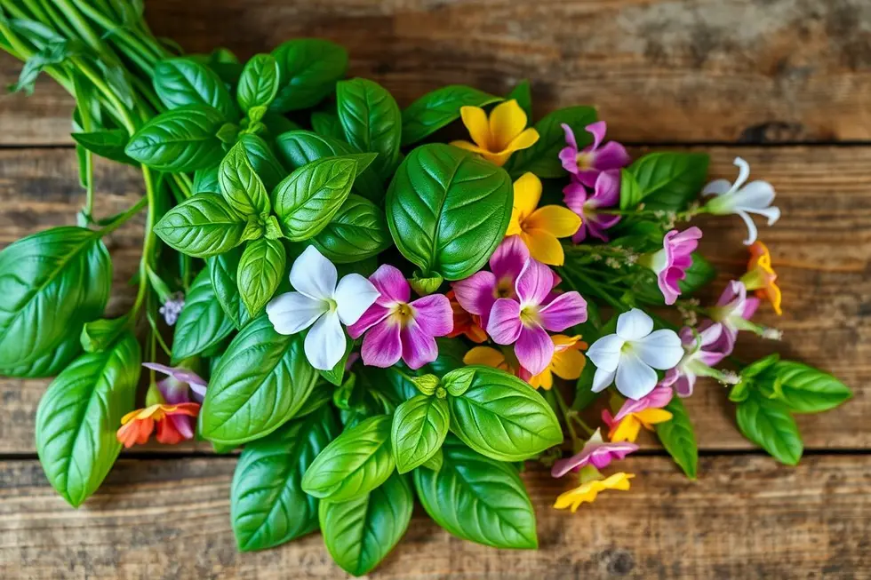 Arranjo de folhas e flores de manjericão em uma mesa de madeira