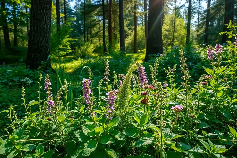 Um belo jardim com diferentes ervas medicinais, representando a natureza como fonte de cura.