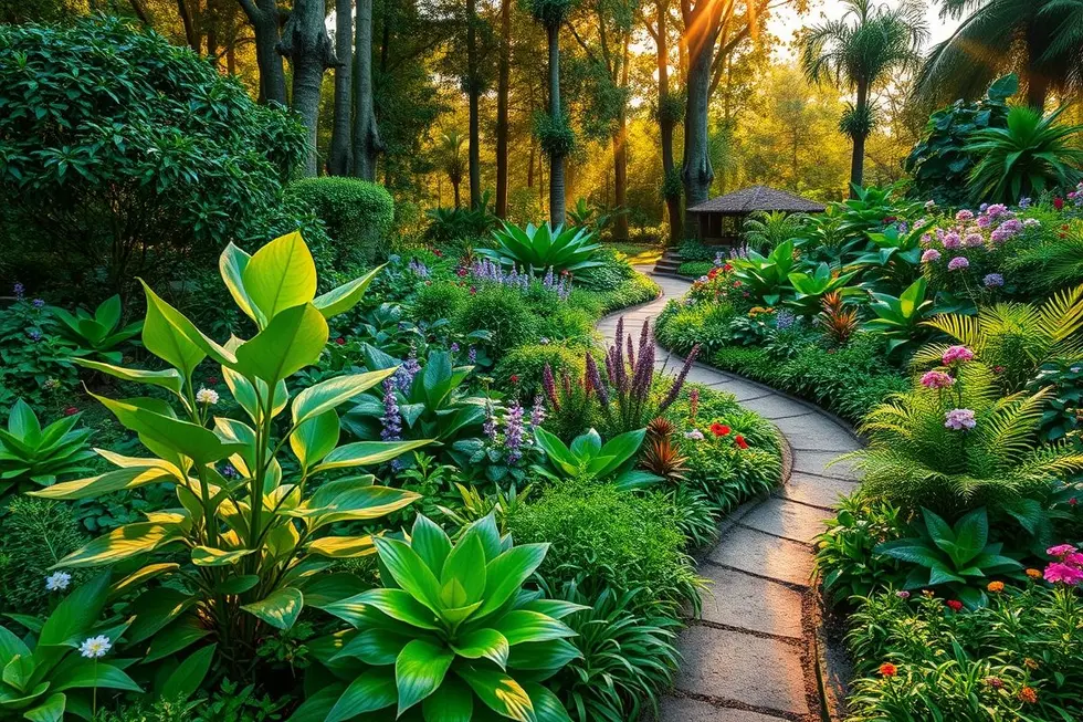 Imagem de um jardim com plantas medicinais, destacando o Guaimbê.