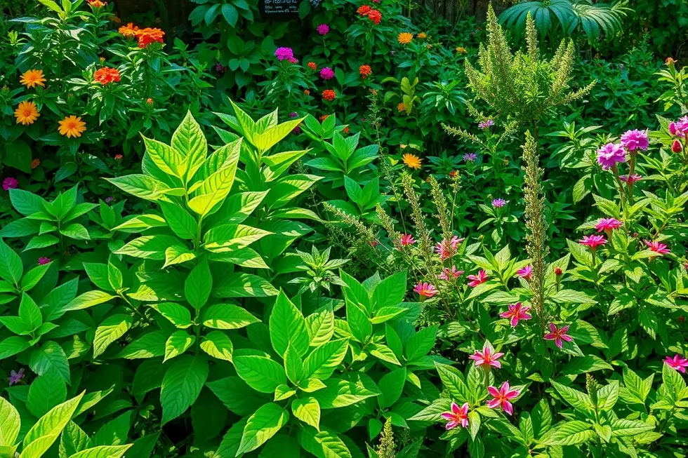 Jardim com plantas medicinais, destacando o guaimbê.