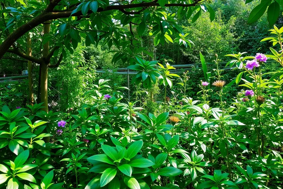 Jardim sereno com plantas medicinais incluindo Guaimbê.