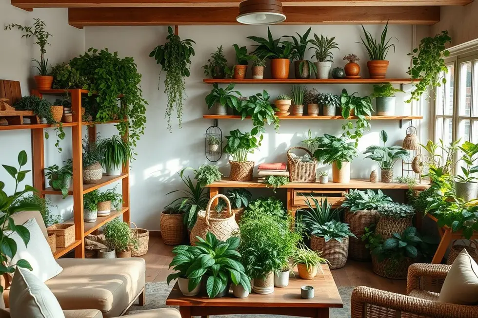 Interior de casa com várias plantas medicinais dispostas artisticamente
