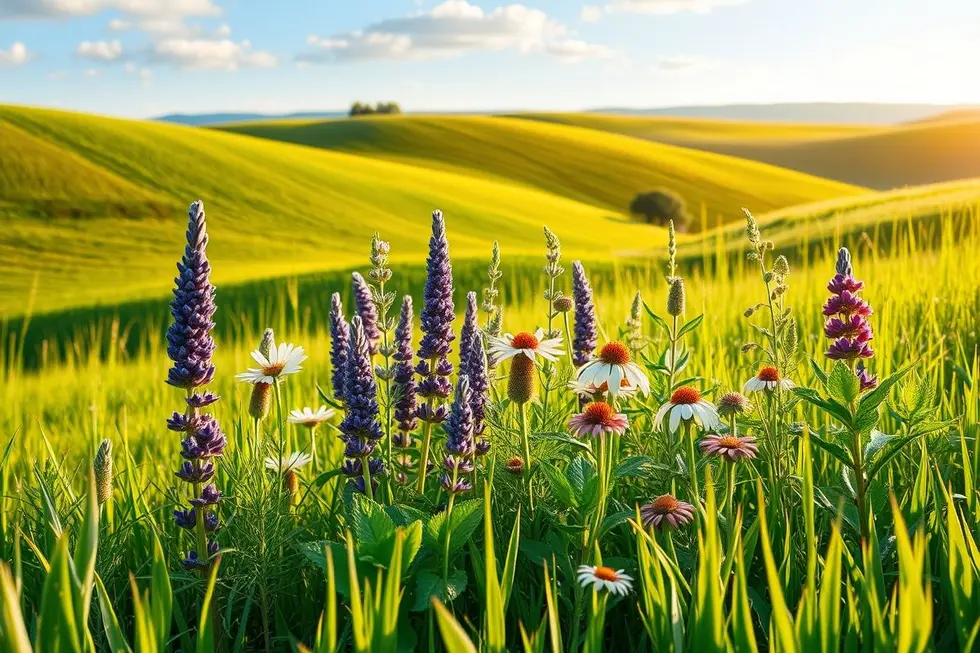 Vista de uma paisagem com várias plantas medicinais.
