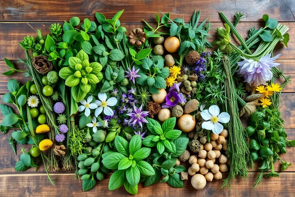 Arranjo de várias plantas medicinais sobre uma mesa de madeira