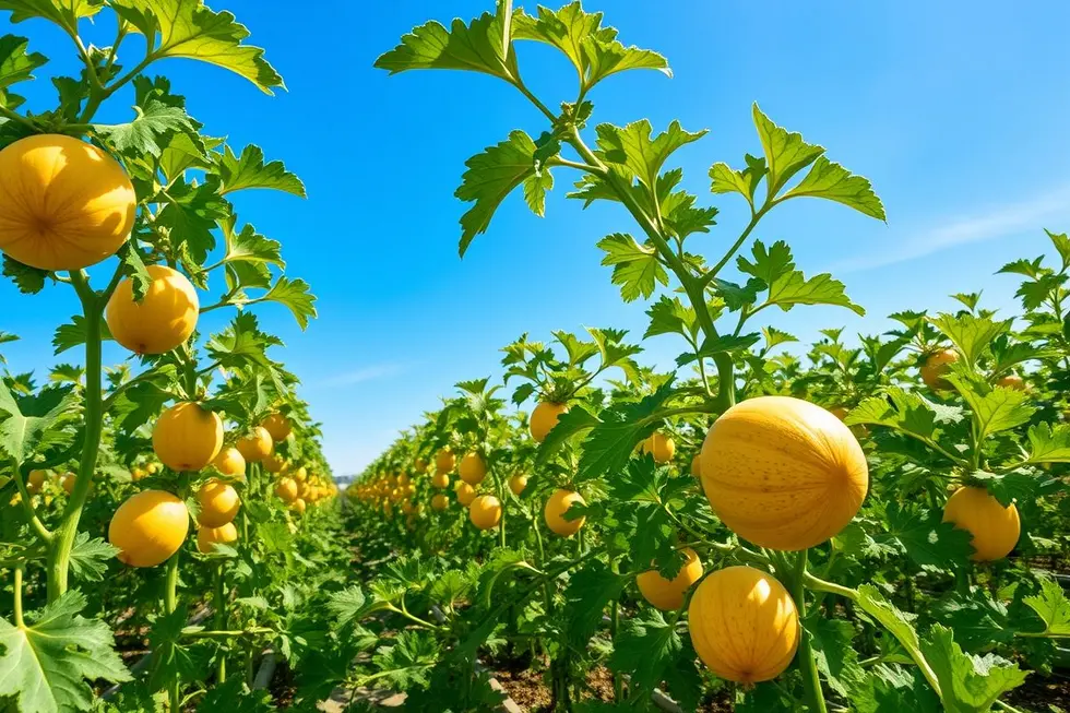 Campo de melão com frutas maduras sob um céu ensolarado.