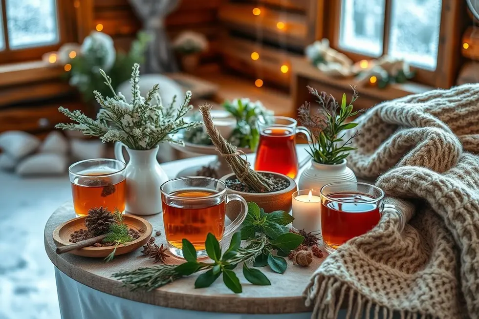 Mesa decorada de inverno com chá de ervas e um cenário aconchegante.