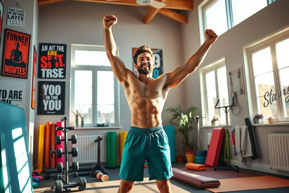 Pessoa feliz após concluir um treino em casa.