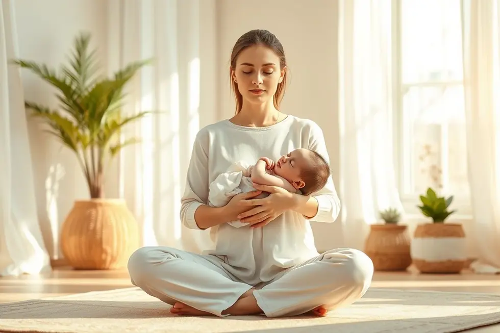 Mãe meditando com seu filho, promovendo a cicatrização e bem-estar.