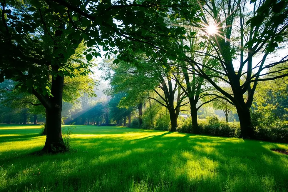 Uma cena tranquila da natureza mostrando vegetação e luz do sol filtrando-se através das árvores.