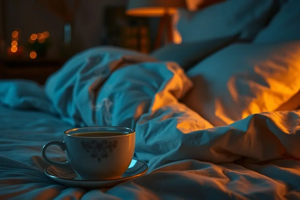 Cama aconchegante com chá ao lado