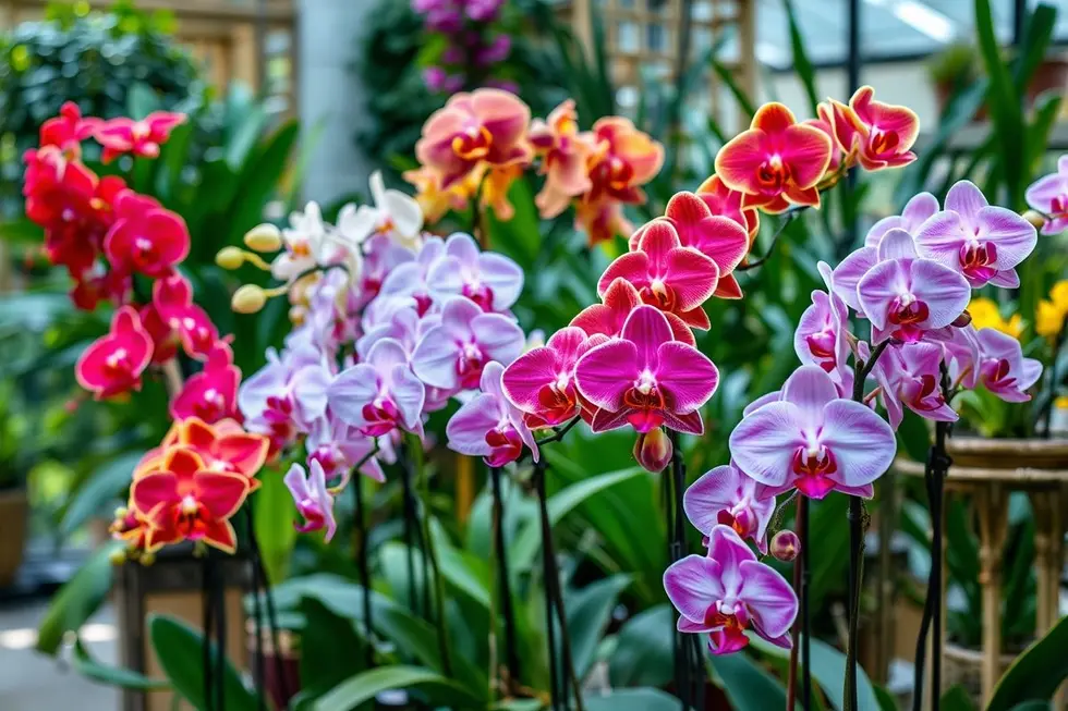 Cores vibrantes de orquídeas em uma casa.