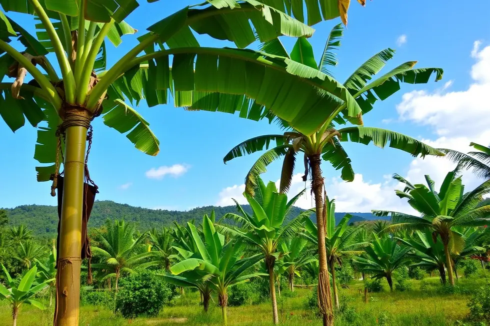 Paisagem tropical com bananeiras, representando saúde natural.