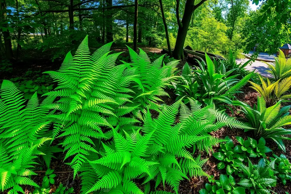 Paisagem com samambaias em diferentes configurações