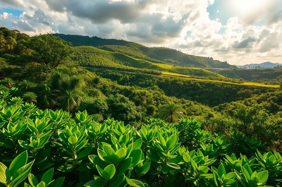 Vista de um campo com plantas de Guaimbê florindo ao sol.