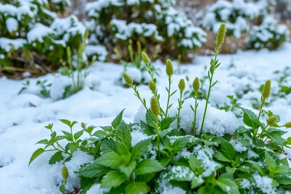 Paisagem de inverno com plantas saudáveis.