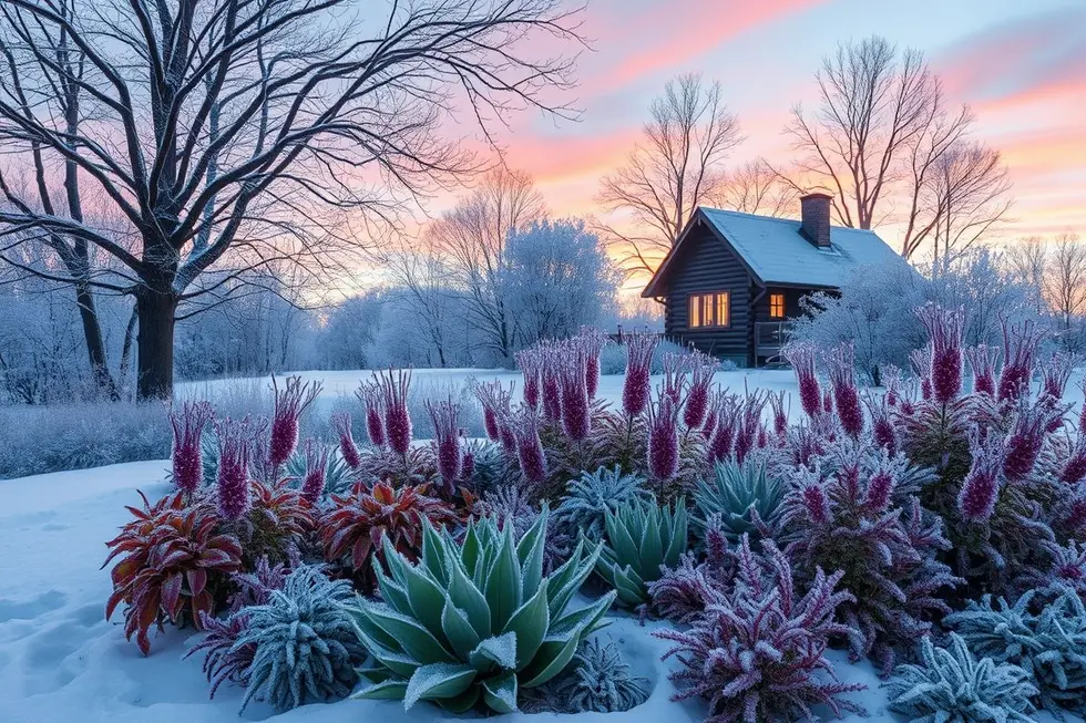 Paisagem invernal cheia de plantas coloridas na estação fria