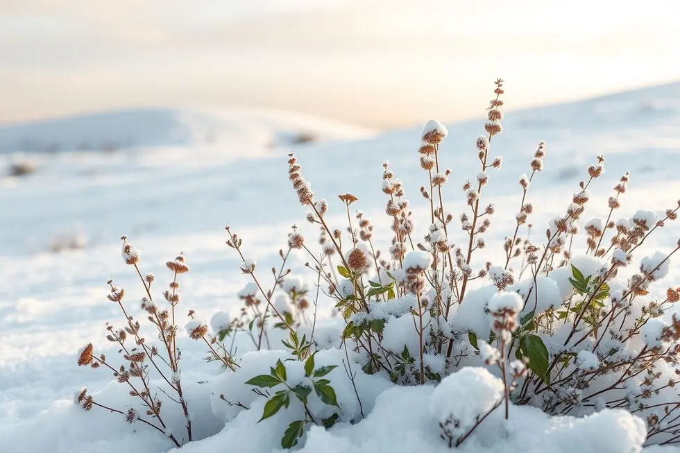 Paisagem invernal com ervas medicinais.