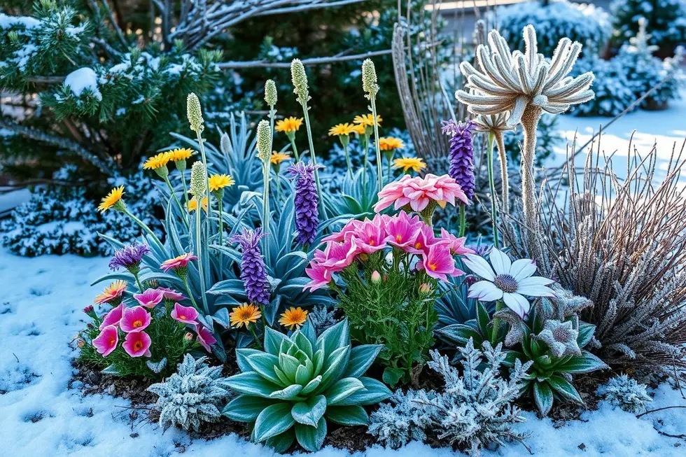 Paisagem de jardim no inverno com plantas floridas e neve