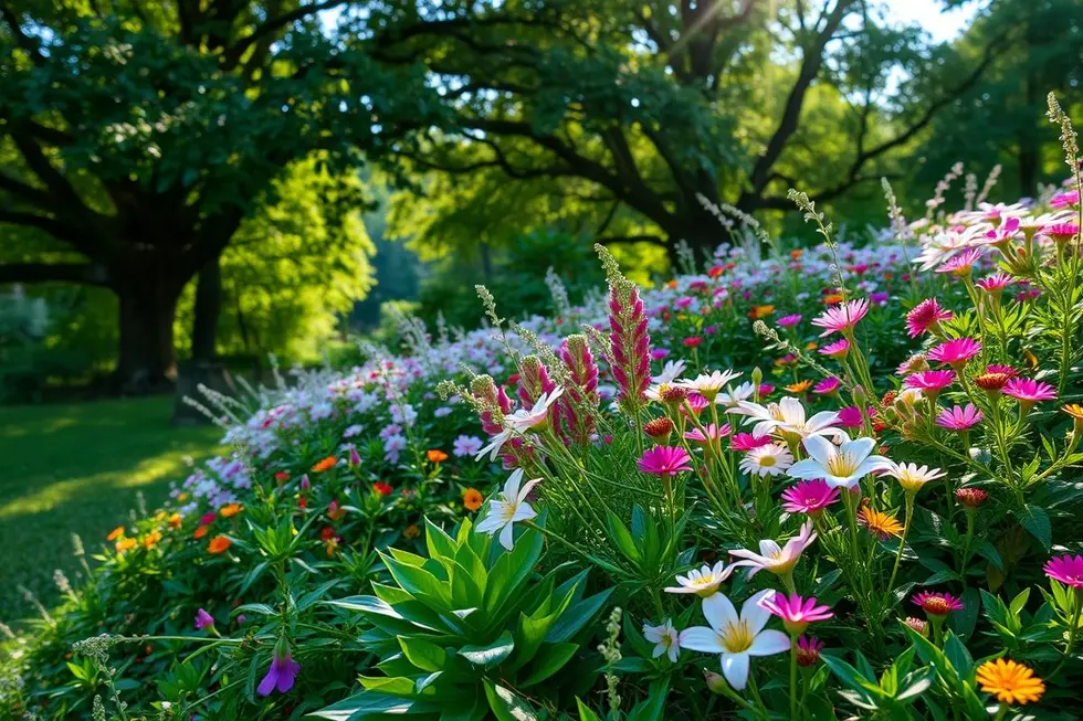 Uma bela paisagem natural, repleta de plantas e flores, representando saúde natural.