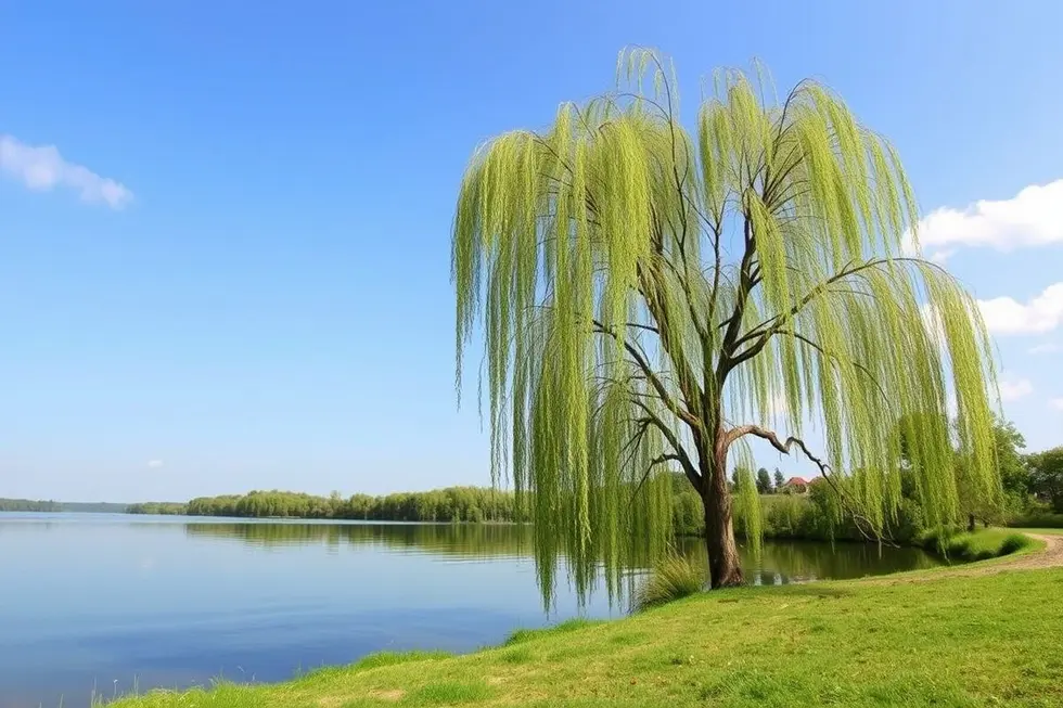 Imagem de um salgueiro à beira de um lago, representando o chá de salgueiro branco.