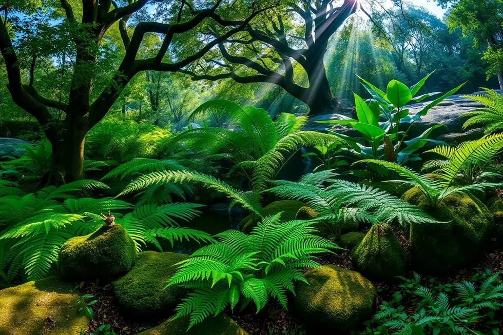 Paisagem com diversas samambaias em um jardim luminoso