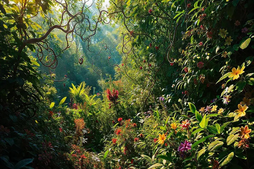 Jardim colorido com várias plantas medicinais, destacando o guaimbê