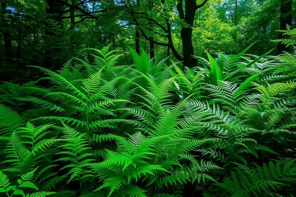 Paisagem verde com várias samambaias