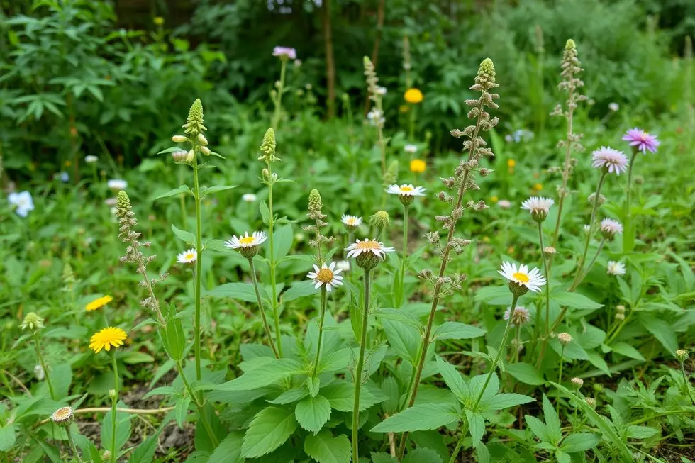 Uma vista de uma paisagem natural com várias plantas medicinais.
