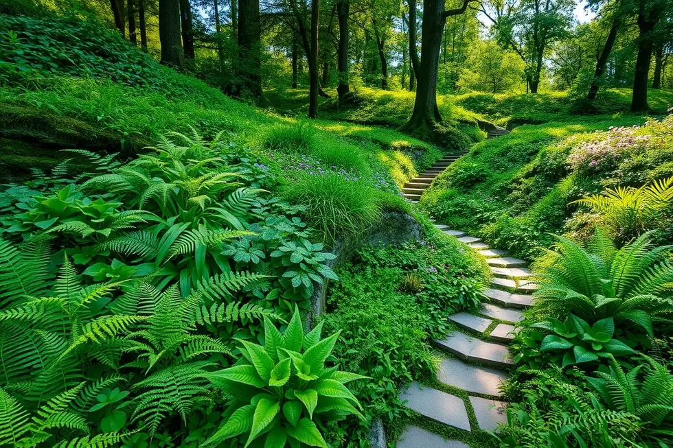 Paisagismo exuberante com samambaias e caminho.