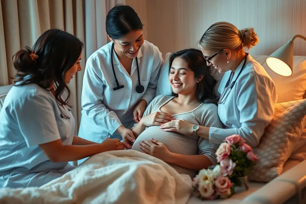 Parto humanizado com equipe de apoio ao redor da mãe