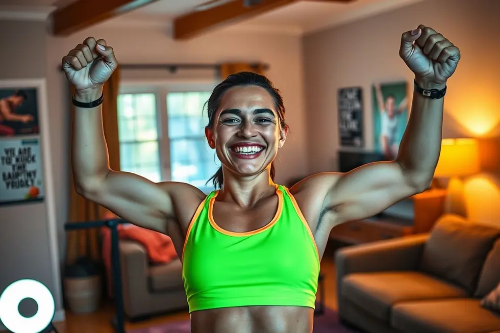 Pessoa feliz após completar um treino em casa