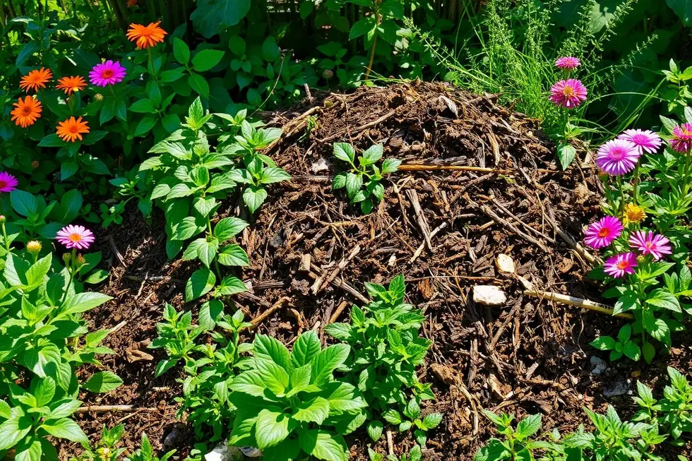 Pilha de compostagem rodeada de plantas saudáveis.