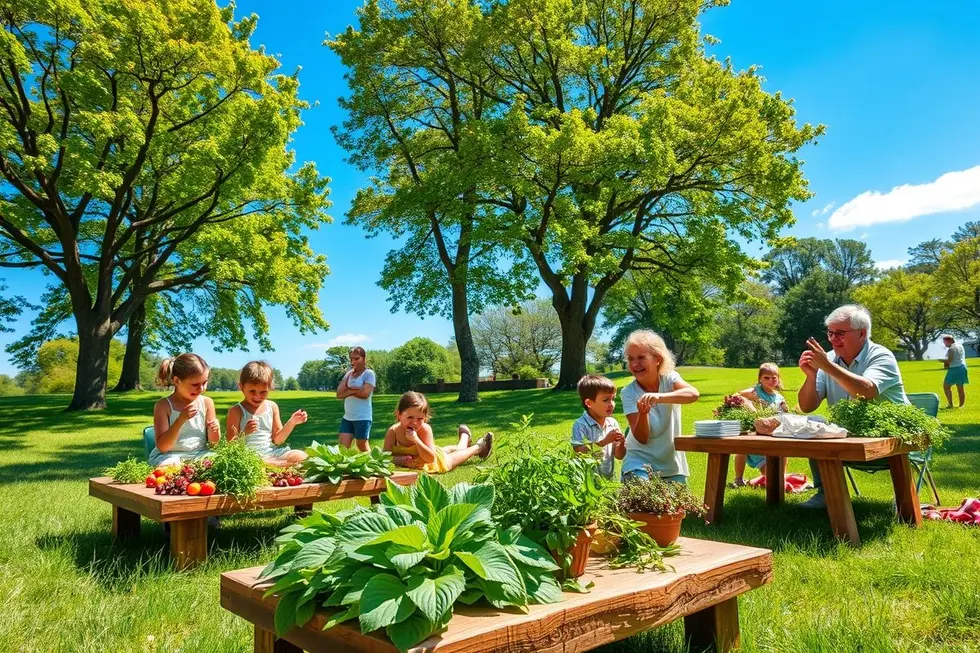 Piquenique em família destacando plantas medicinais