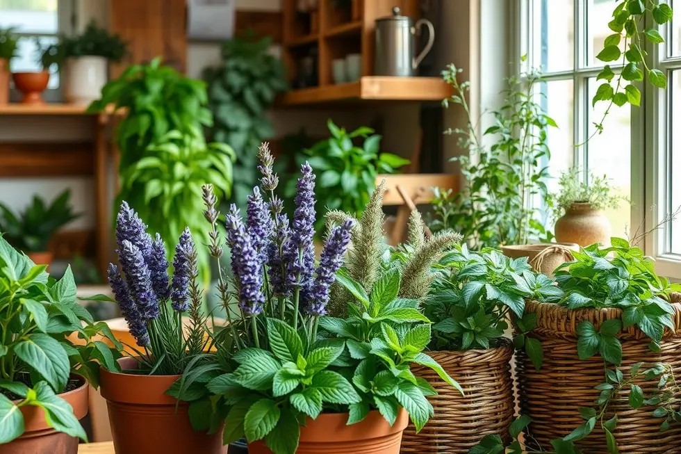 Diversas plantas medicinais em um ambiente interno, ideais para iniciantes.