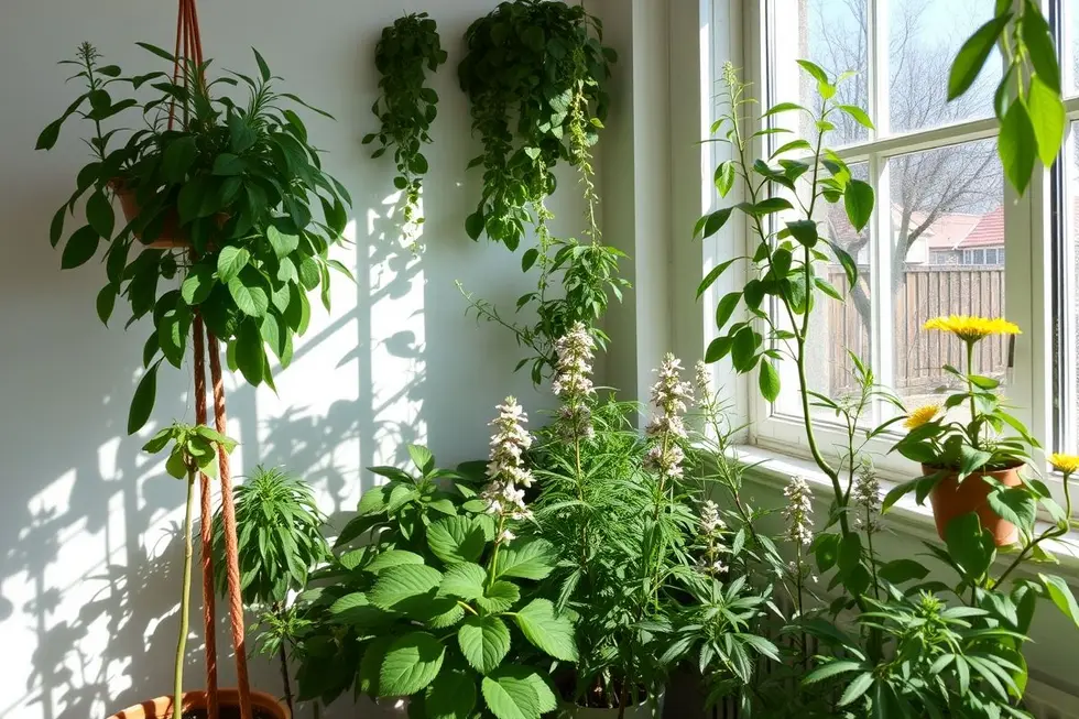 Várias plantas medicinais em um quarto ensolarado.