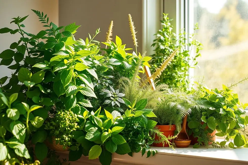 Variedade de plantas medicinais em ambiente interno iluminado