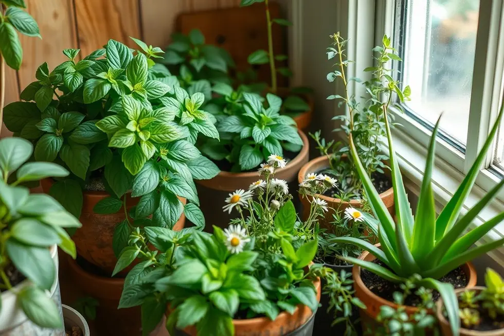 Diversas plantas medicinais em um jardim interno