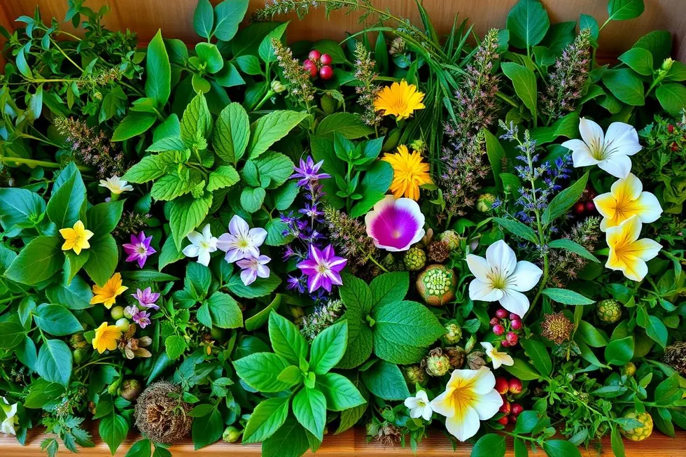 Diversas plantas medicinais organizadas em um cenário natural