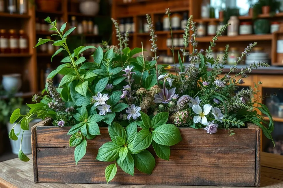 Seleção de plantas medicinais em uma caixa de madeira rústica.