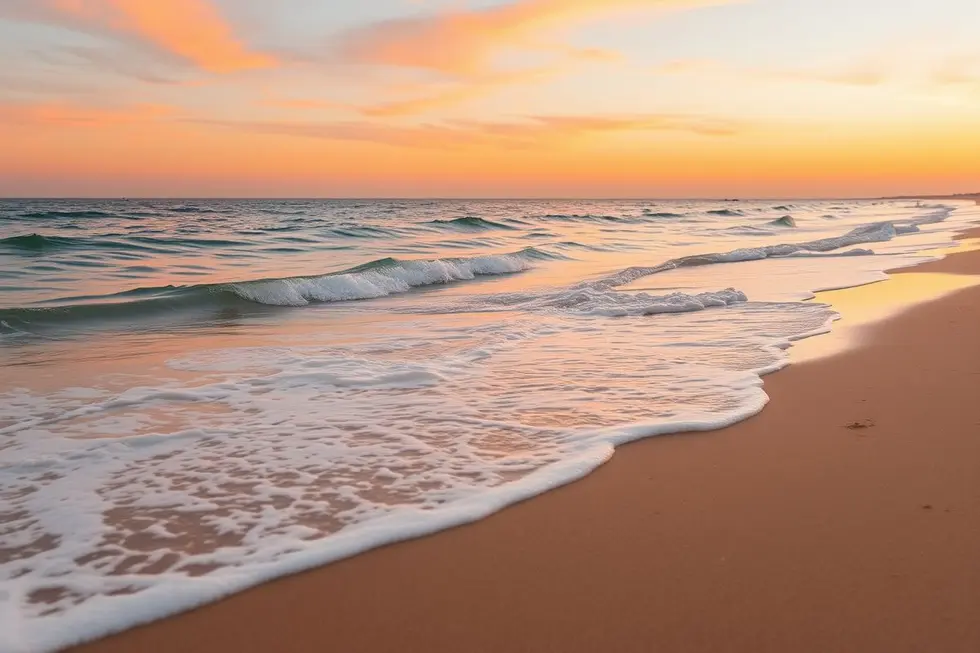 Praia tranquila ao pôr do sol