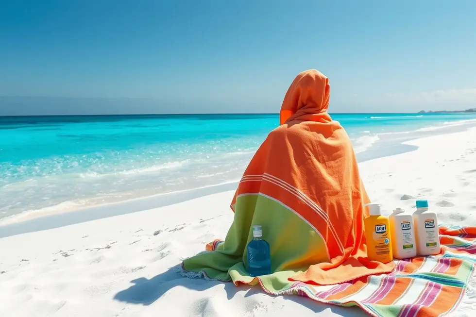 Praia ensolarada com itens de proteção solar como toalha e protetor