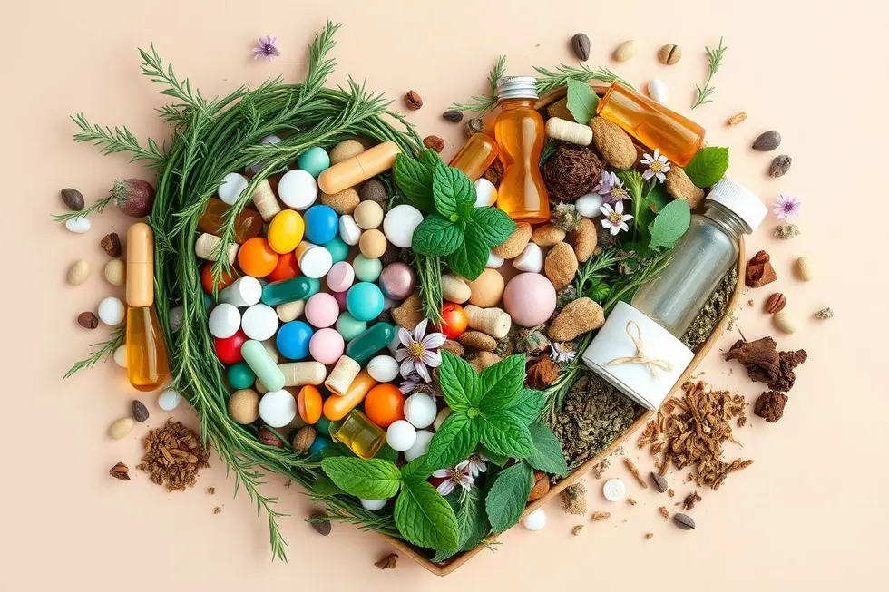 Arranjo em forma de coração com suplementos naturais e ervas