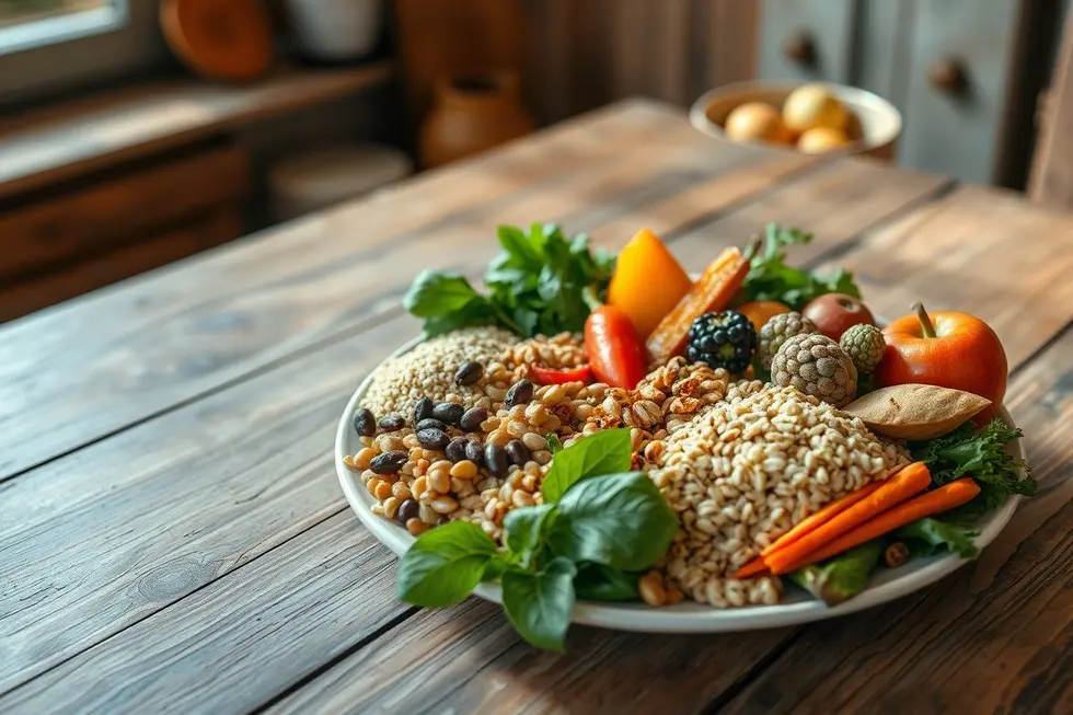 Imagem de uma refeição saudável contendo uma variedade de alimentos ricos em fibras, servida em uma mesa rústica.