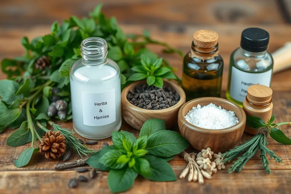 Ervas e remédios naturais dispostos de forma harmoniosa