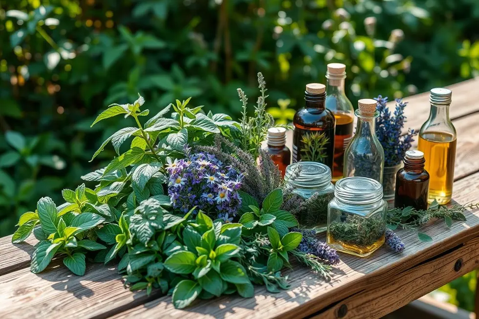 Uma cena natural tranquila com uma variedade de plantas e remédios.